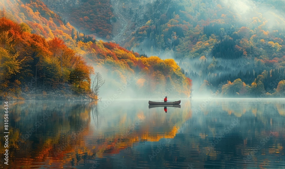 Man in Canoe on Lake Surrounded by Autumn Forests and Mountains. Reflects Trees with Autumn Colors and Morning Mist in the Water, Natural Scenery Landscape
