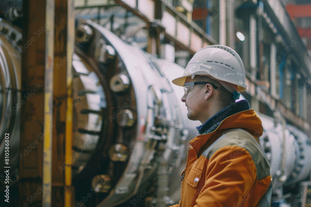 engineer is inspecting work in a factory and wearing a safety helmet engineer is inspecting work in a factory and wearing a safety helmet