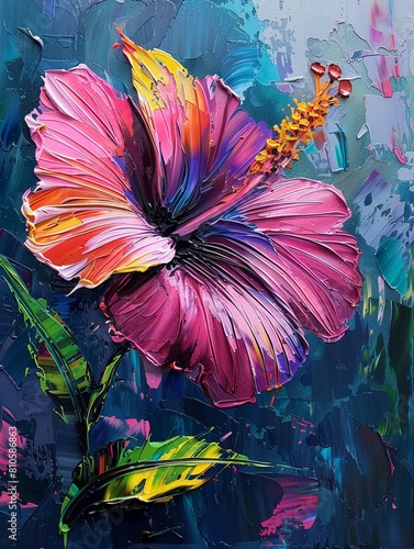 Vibrant magenta flower in abstract oil, palette knife technique, serene yet vivid coloration, deep texture