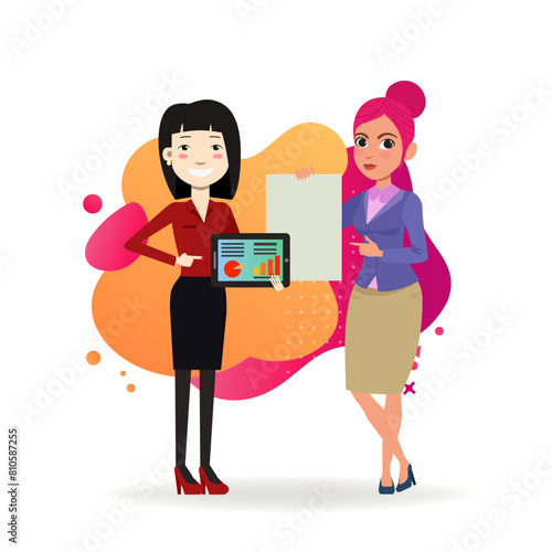 International coachers giving presentation. Female cartoon characters in formal wear with tablet and blank document. Flat vector illustration. Business, training concept for banner, website design