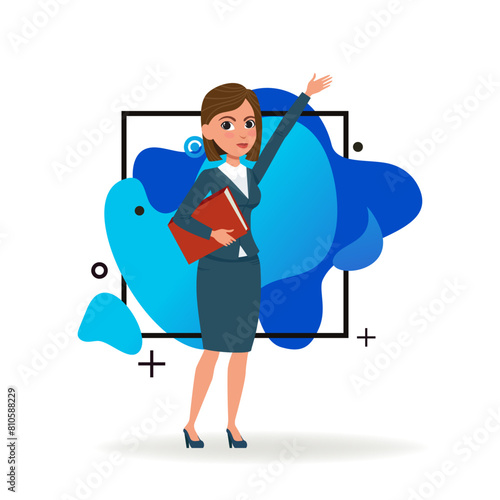 Serious businesswoman pointing upwards with hand. Female business character in formal wear with folder. Flat vector illustration. Business, advertising concept for banner, website design, landing page