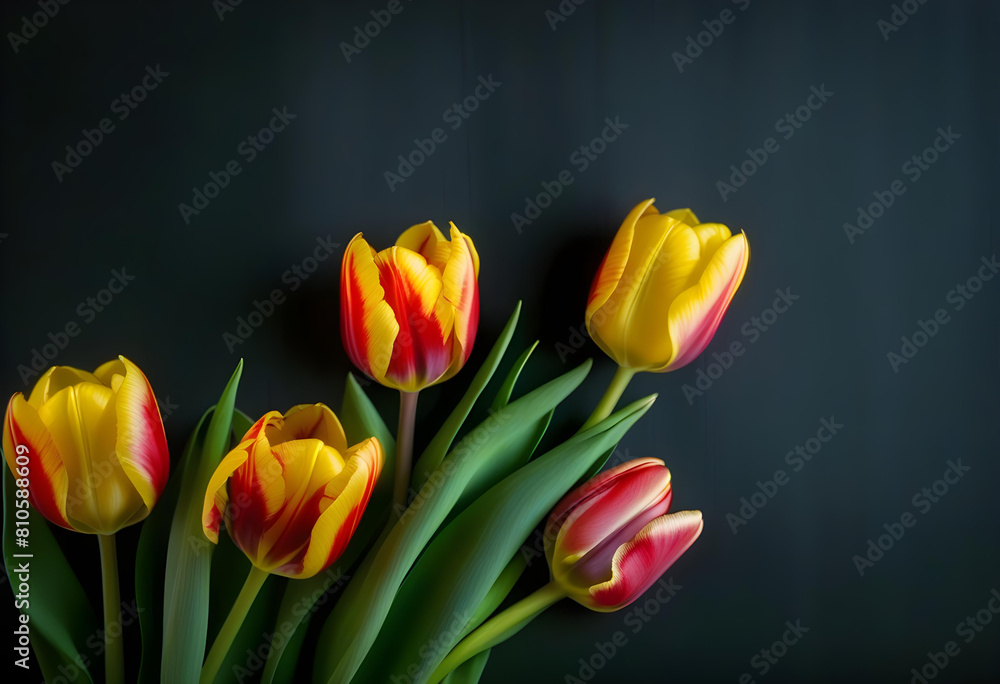 A colorful tulips against a dark background