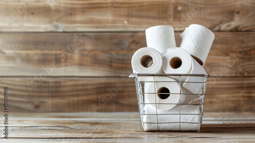 Shopping basket with rolls of toilet paper on wooden b