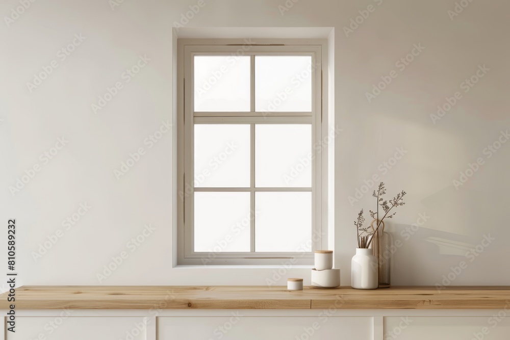 Fototapeta premium 3D rendering of a white window frame in a kitchen