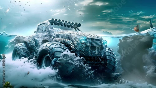 Design underwater monster truck with fish scales seaweed and submarinelike appearance. Concept Underwater Monster Truck Concept photo