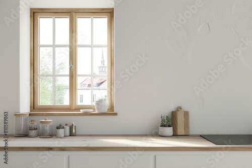 3D rendering of a white window frame in a kitchen