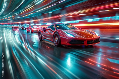  Vibrant colored electric cars speeding across a minimalist stage of abstract random colors patterns, emphasizing the theme of sustainable mobility with a sense of dynamic energy.