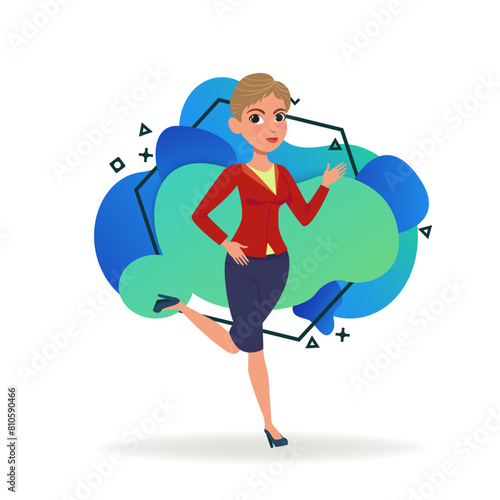 Young woman with short haircut in hurry. Female cartoon character in formal wear running to work in office. Vector illustration. Business, work concept for banner, website design or landing page