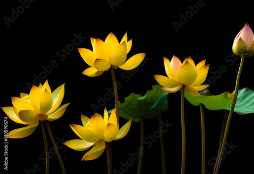A close-up of a yellow lotus flower on a black background