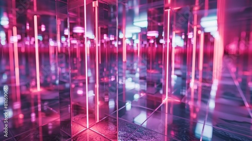 Reflective metal surface under neon lights  abstract patterns  modern art installation