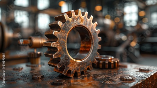 Metal gears on a table, steampunk details in close-up showcase old machinery parts