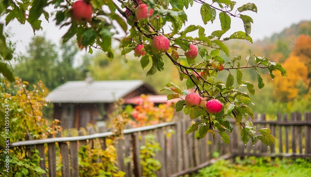 Fototapeta premium Seasonal Charm: Raining on Ripe Apples in a Ukrainian Garden