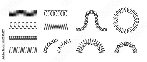 Spiral spring set. Black metal wire coil spring collection. Thin wire frames, zigzag lines, metal waves, flexible coils and arch element pack for graphic design templates, decor, border. Vector bundle