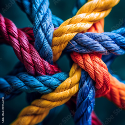 Closeup of colorful ropes tied together, symbolizing unity and strength in team work