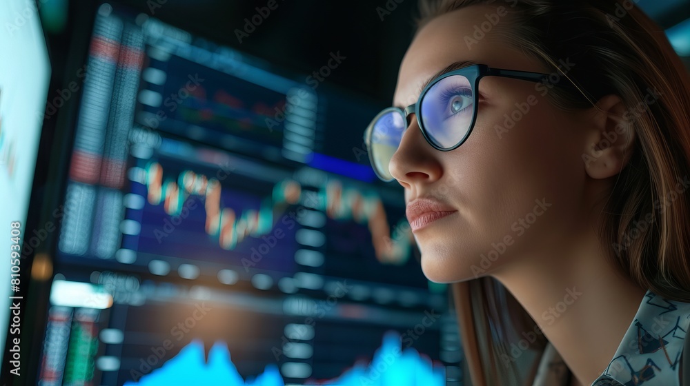 Financial analyst in eyewear analyzing complex data on computer monitor – Professional woman in finance sector Financial analyst in eyewear analyzing complex data on computer monitor – Professional woman in finance sector