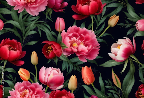  pink peonies and tulips on a black background
