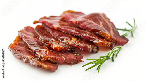 Slices of smoked bacon on white background