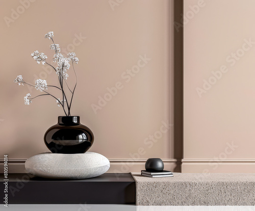 Minimalist zen interior design composition in clean tones with natural elements and window lighting. Relaxing serene interiors, meditation spaces.