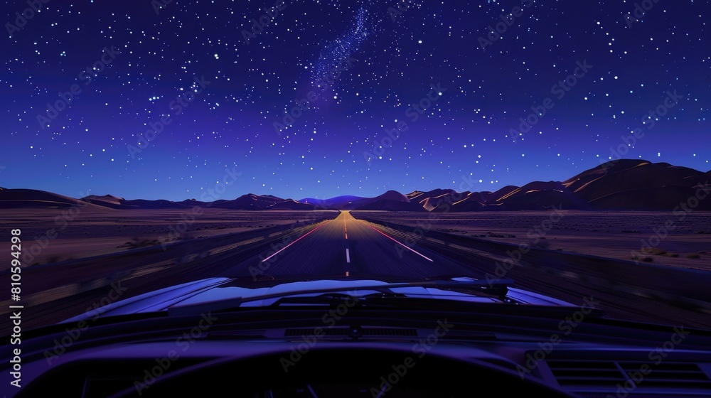 Nighttime Road Trip Under Starlit Sky: Scenic Drive and Cosmic Views