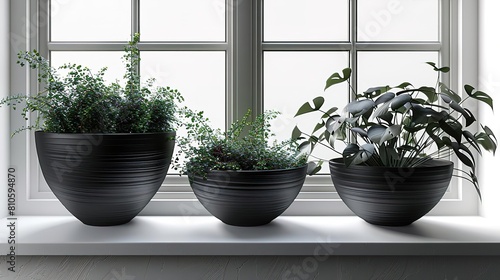 Photo of three different kinds of house plants sitting on a white ledge in front of a bright window.
