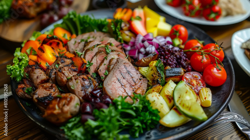 A deliciously grilled meat dish surrounded by colorful vegetables