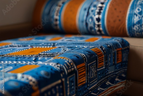 A (yellow, orange, green, purple, red, blue) African pattern with geometrical shapes on a textile sofa cover