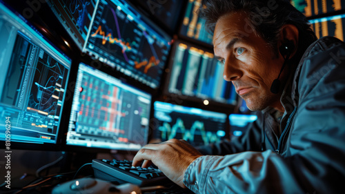 Financial Trader Monitoring Market Data on Screens. Financial trader analyzes real-time stock market data across multiple monitors in a high-tech trading floor environment.