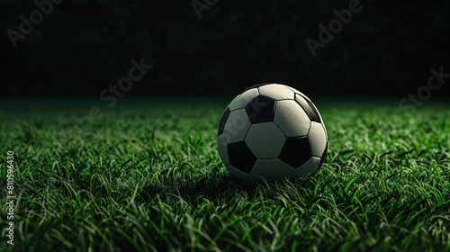Soccer ball on green field against dark background