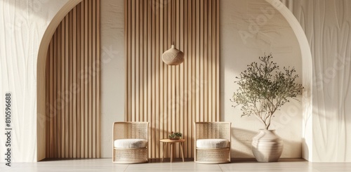 3d rendering of an archshaped wooden wall with vertical lines in the background, a minimalist interior design featuring two rattan chairs and a small table near it photo