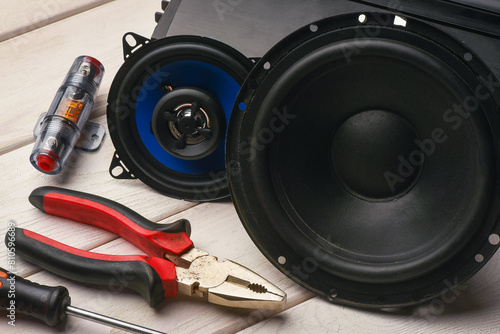 Car audio stereo system installation concept background. Car audio system repair service concept. photo