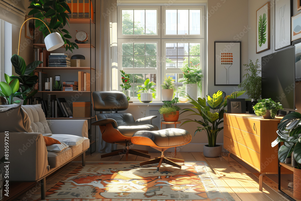 Cozy and Vibrant Home Office Space. Inviting home office space decorated with numerous plants, comfortable seating, and warm sunlight filtering through large windows.