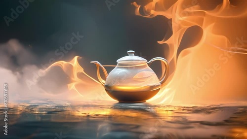 A surreal teapot emits tranquil energy enveloping surroundings in peaceful contemplation. Concept Surreal Photography, Tranquil Energy, Teapot Art, Contemplative Scenes, Peaceful Surroundings photo