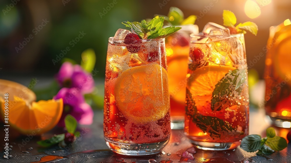 Group of summer drinks, including an Aperol spritz, sangria, and iced tea, offering a variety of vibrant and flavorful options for hot days. Group of summer drinks, including an Aperol spritz, sangria, and iced tea, offering a variety of vibrant and flavorful options for hot days.