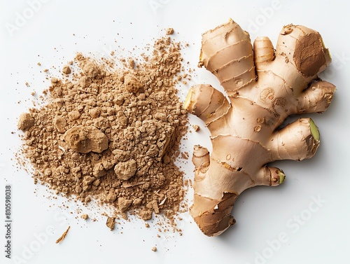 Ginger root with a fine dusting of organic soil, freshly harvested look on a stark white backdrop photo