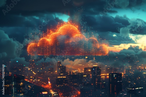 Futuristic Cloud Computing Concept over Urban Skyline. Digital concept of cloud computing illustrated as a glowing cloud structure with data streams above a bustling urban skyline at dusk.