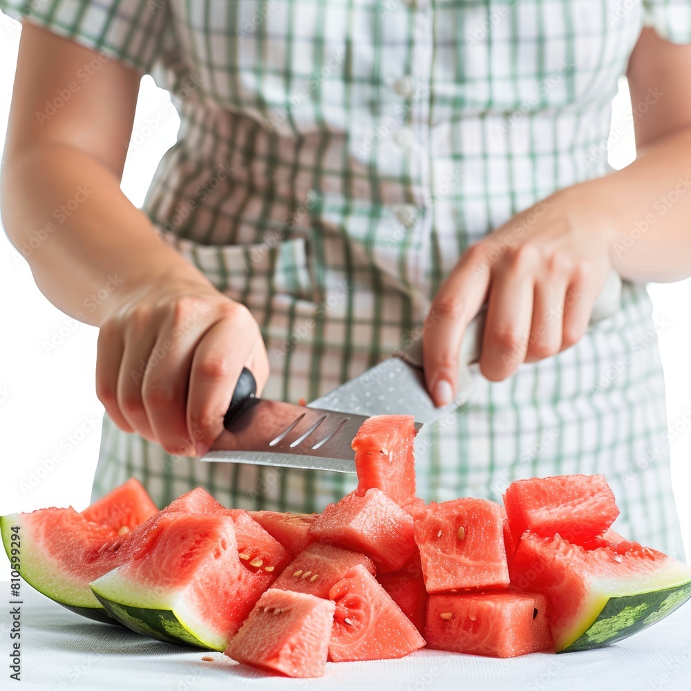 A woman cuts a watermelon into cubes isolated on white background 
