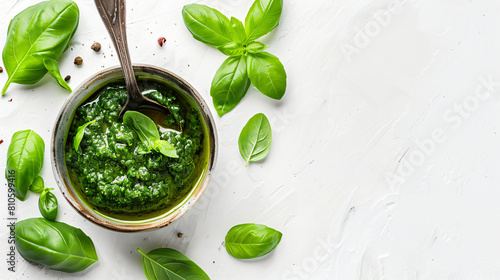 Spoon and bowl with fresh pesto sauce on white background