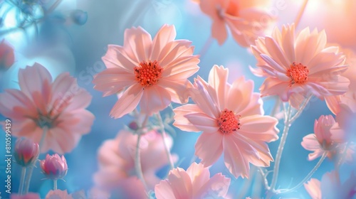 Tranquil Coral Cosmos Blooms in Ethereal Blue Light
