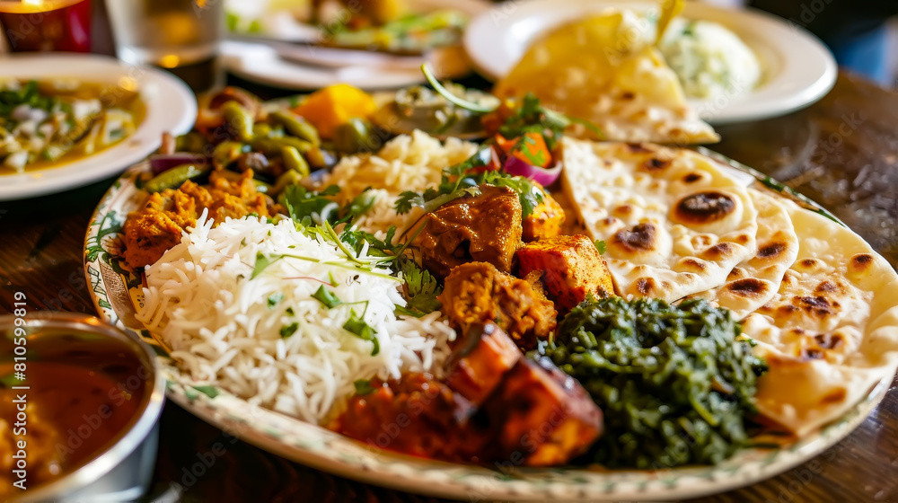 A selection of Indian dishes including curry, rice, and naan bread, showcasing vibrant colors and spices