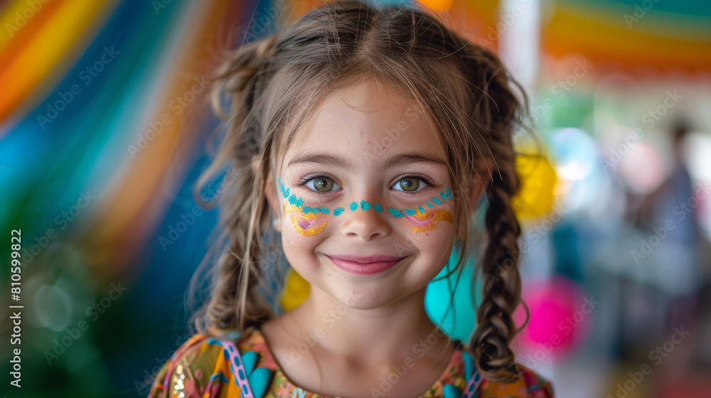 Portrait of a young girl with vibrant face paint and a joyful expression at a colorful festival. Portrait of a young girl with vibrant face paint and a joyful expression at a colorful festival.