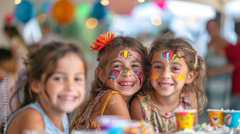 Three young girls with bright face paint smiling and having fun at a vibrant birthday party with balloons. Three young girls with bright face paint smiling and having fun at a vibrant birthday party with balloons.
