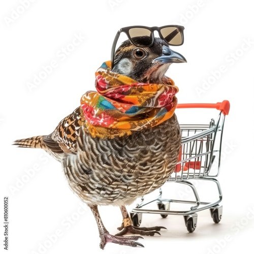 anthropomorphic quail male summer casual outfit  doing shopping at Walmart  photo  canon lens isolated on white background 