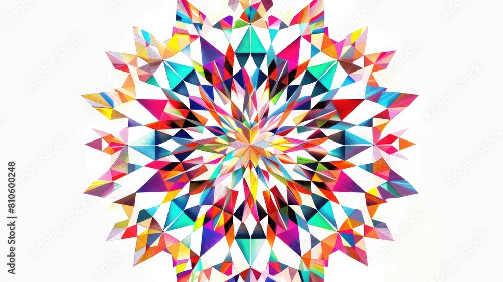 a mandala made entirely of interlocking geometric shapes, with sharp lines and bold colors that pop against a stark white background.
