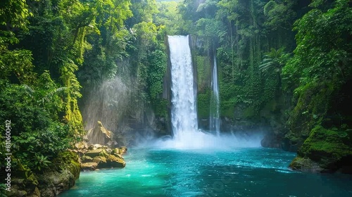 A majestic waterfall plunging into a turquoise pool surrounded by lush greenery.