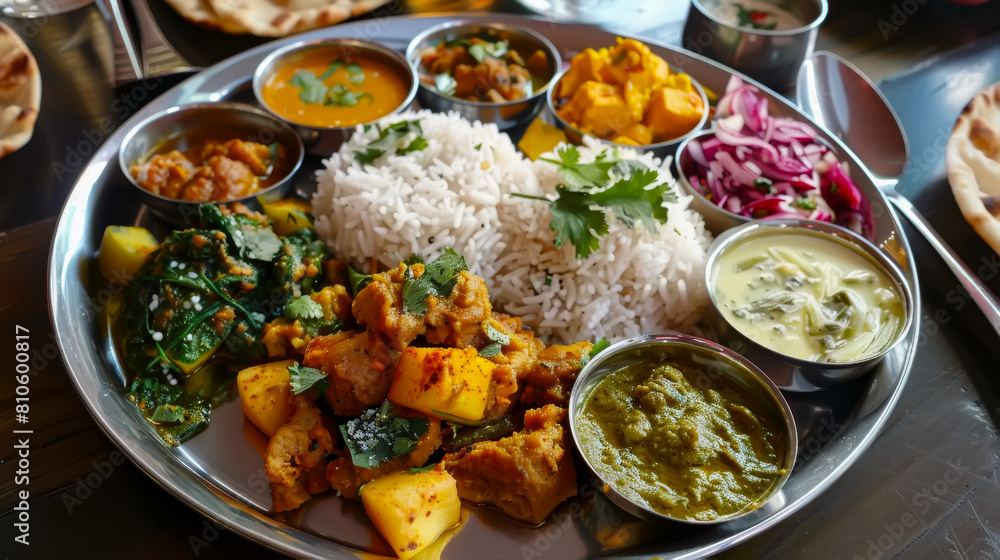 A complete Indian meal with rice, spinach curry, paneer, and sides on a round metal platter A complete Indian meal with rice, spinach curry, paneer, and sides on a round metal platter
