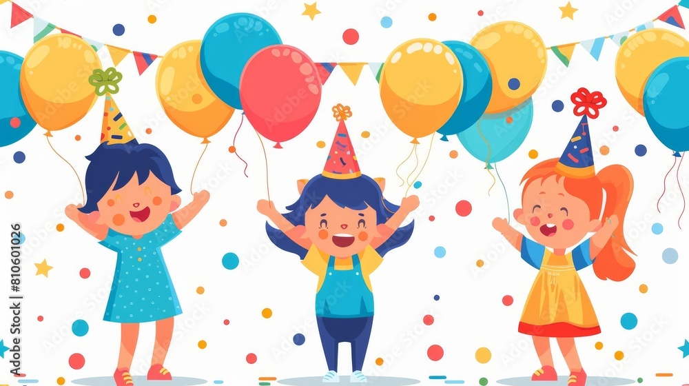 Little ones in party hats and casual outfits, proudly displaying colorful balloons with a festive backdrop Little ones in party hats and casual outfits, proudly displaying colorful balloons with a festive backdrop