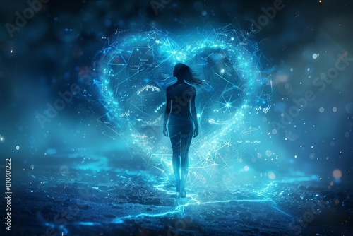 Figure encircled by a shimmering blue heart that projects images of happy memories across its glowing aura