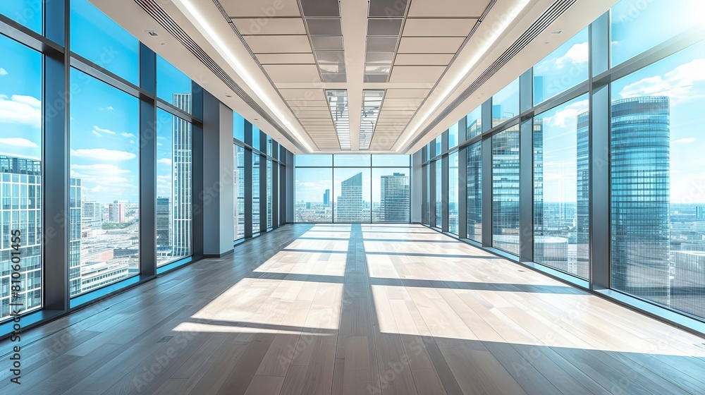 Spacious and contemporary office interior with expansive cityscape view and natural light illumination Spacious and contemporary office interior with expansive cityscape view and natural light illumination