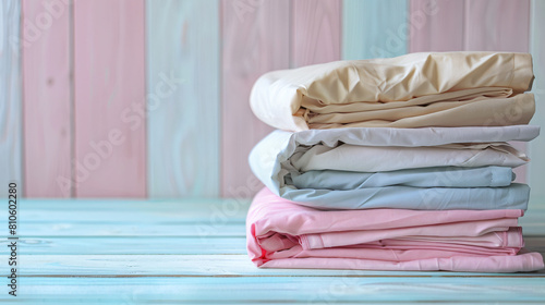 Stack of clean bed sheets on color wooden background -