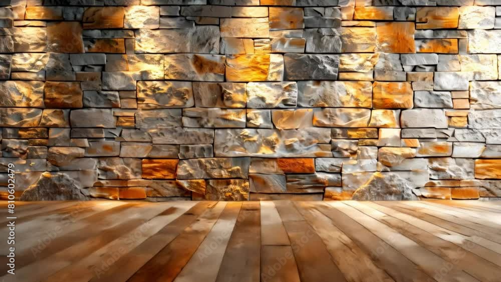 Creating a realistic empty interior with a light brown stone brick wall ...